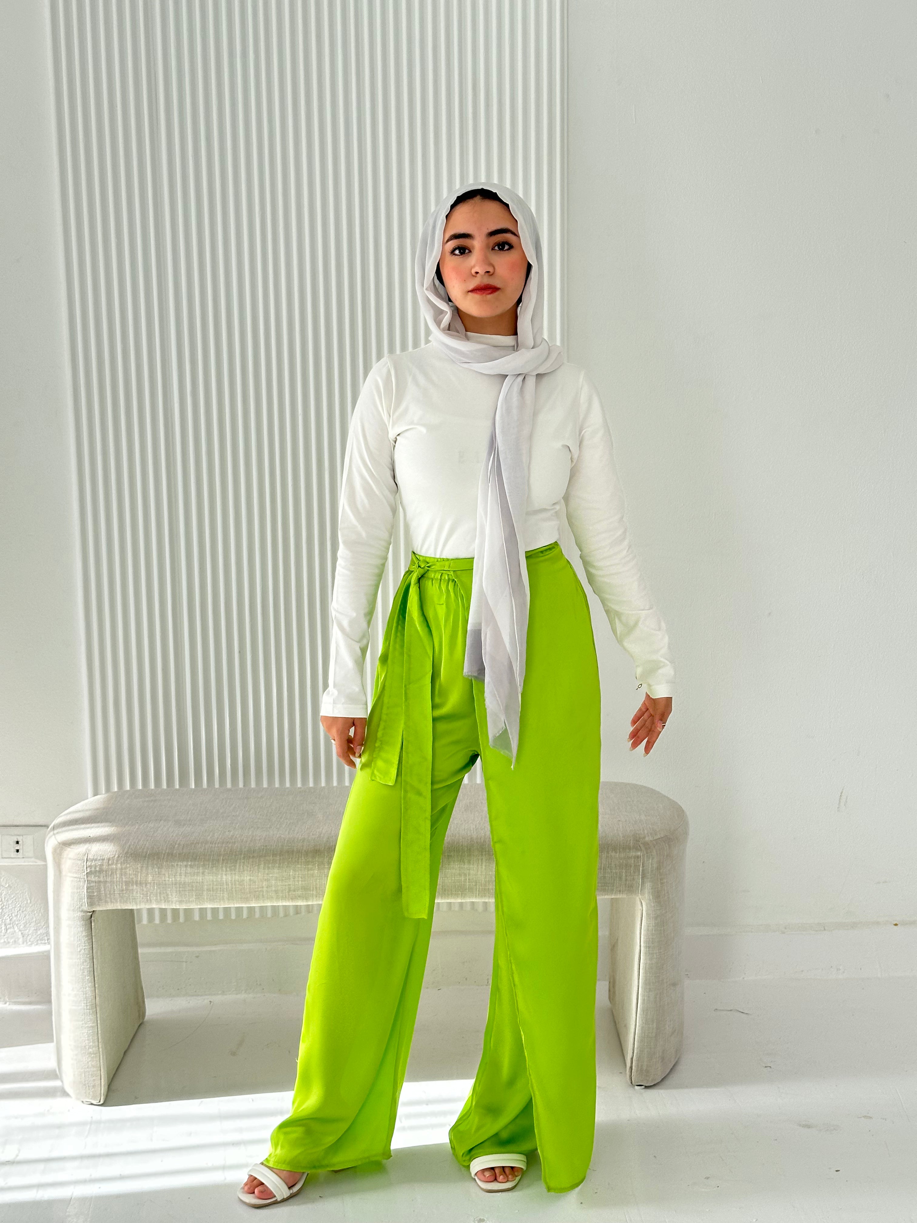Elegant Satin Pants - Lime Green