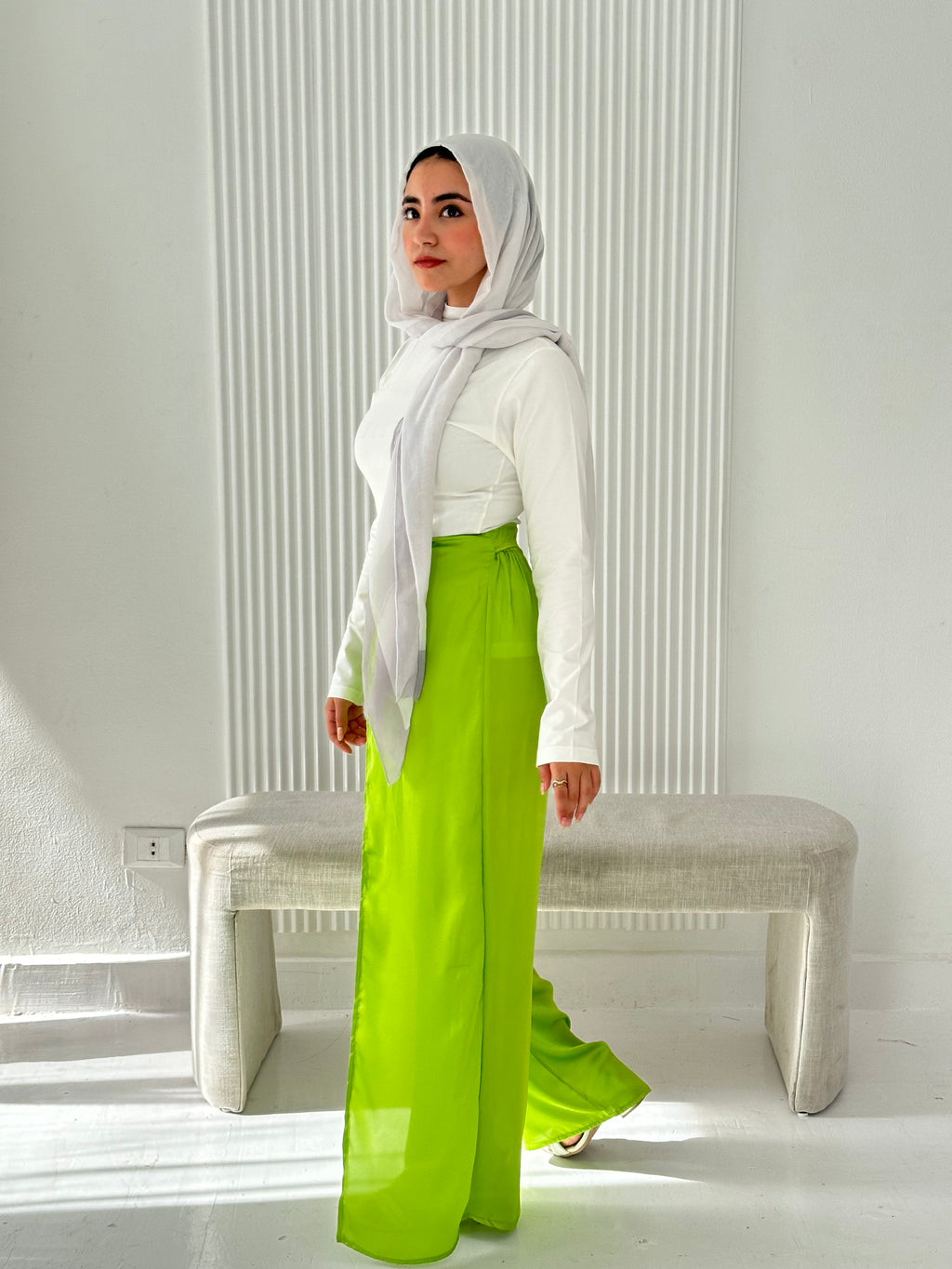 Elegant Satin Pants - Lime Green