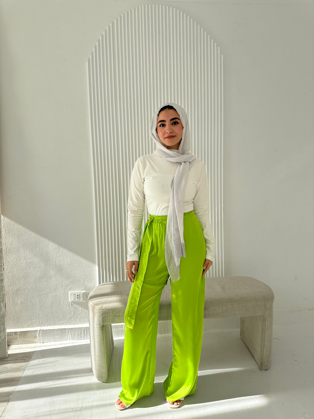 Elegant Satin Pants - Lime Green