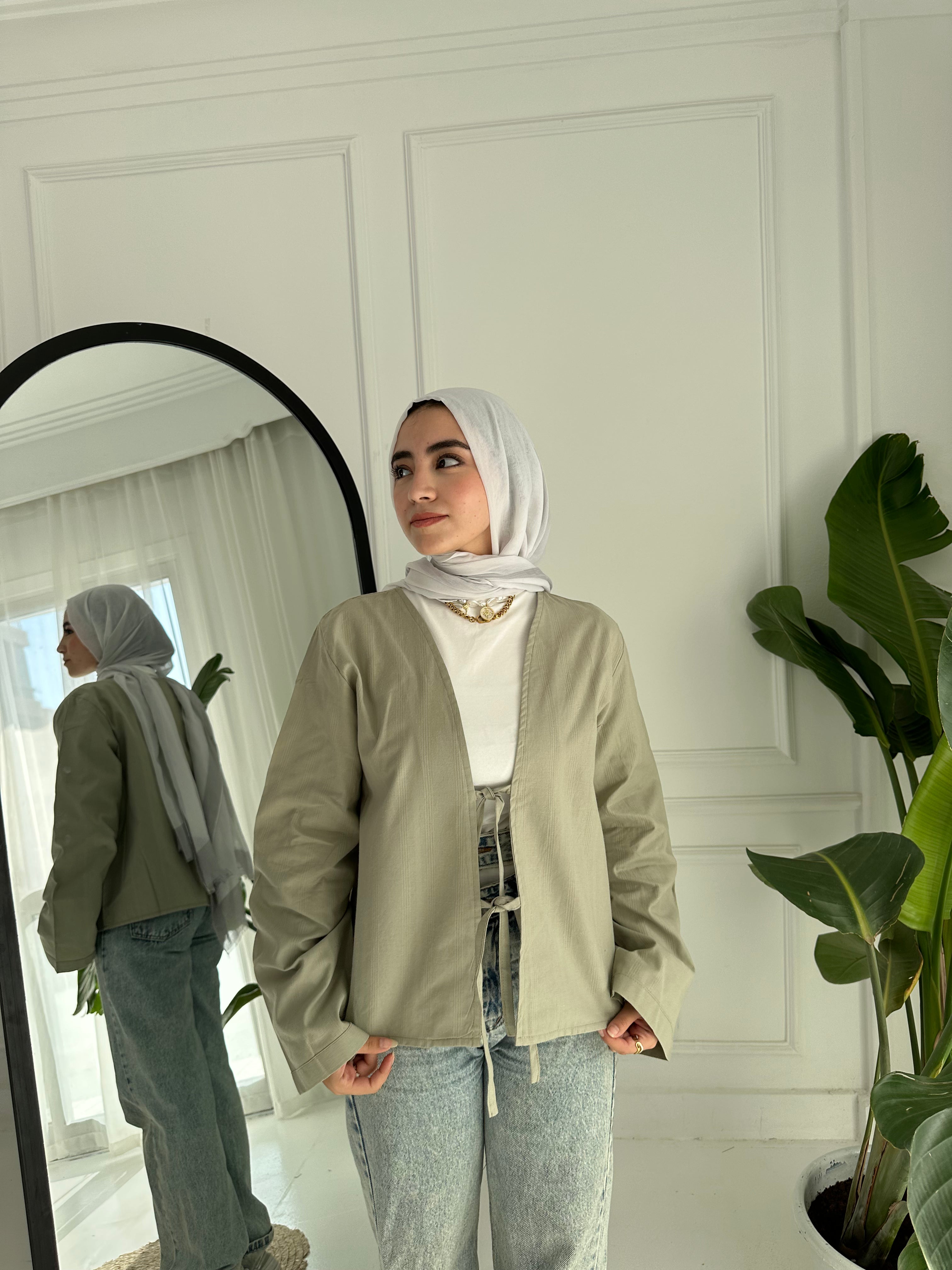 Linen Blouse With Tie - Olive