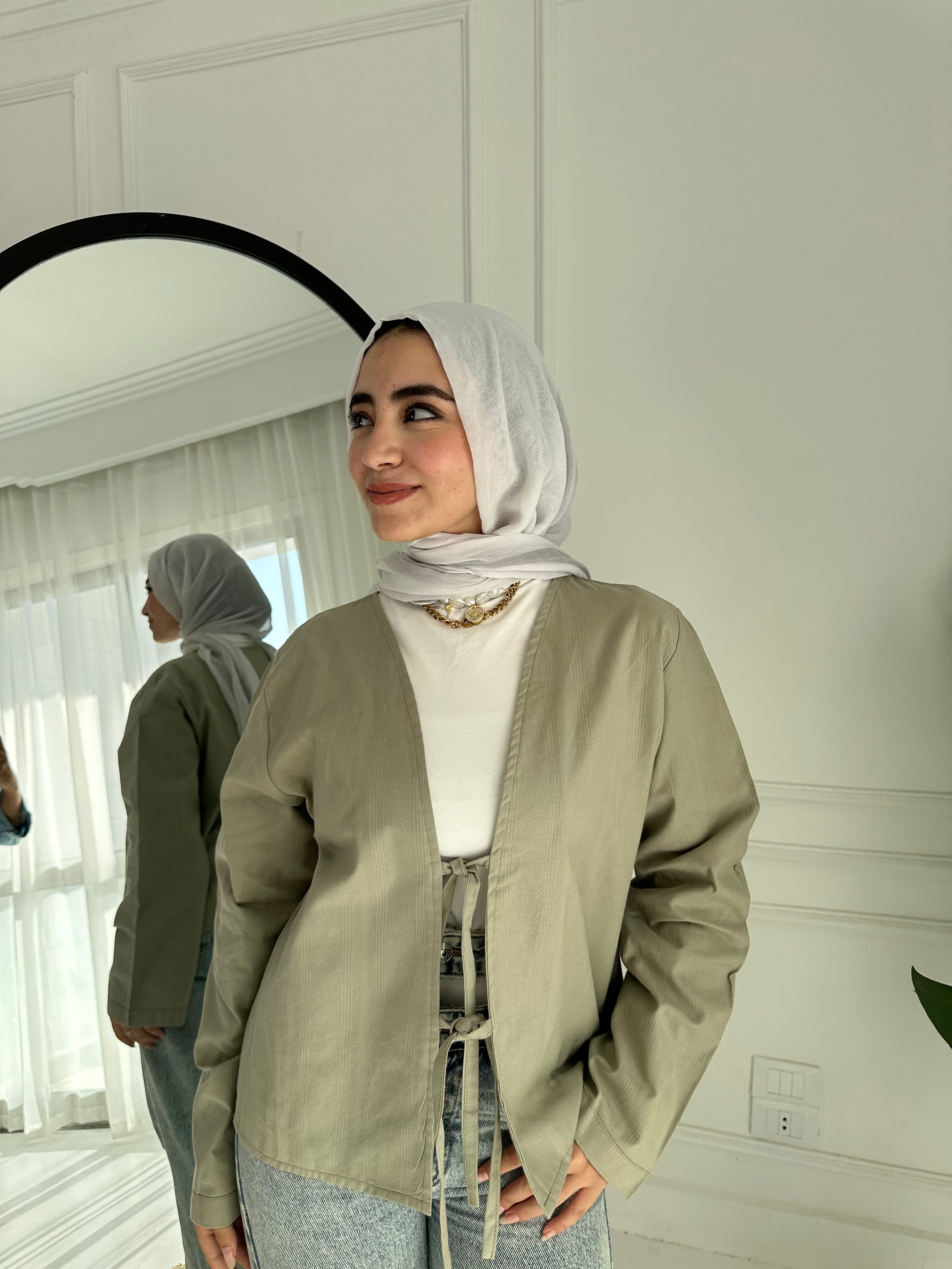 Linen Blouse With Tie - Olive