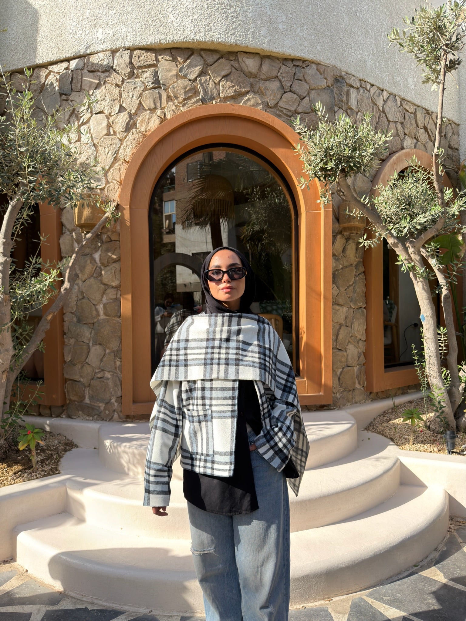 Checkered Jacket with Scarf