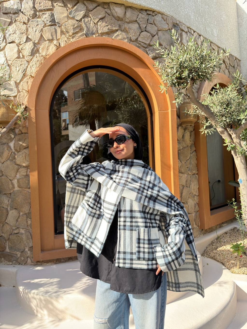 Checkered Jacket with Scarf