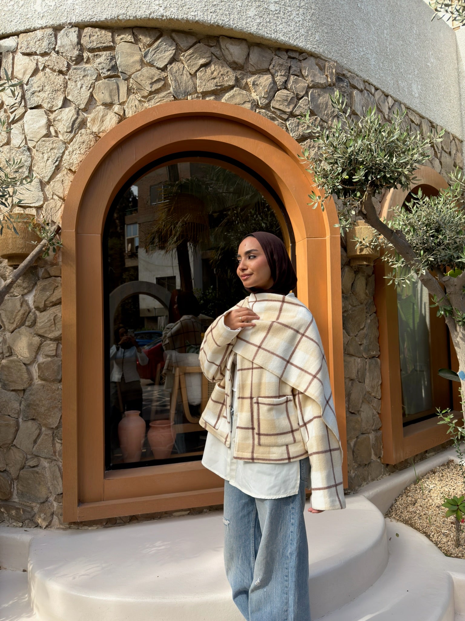 Checkered Jacket with Scarf